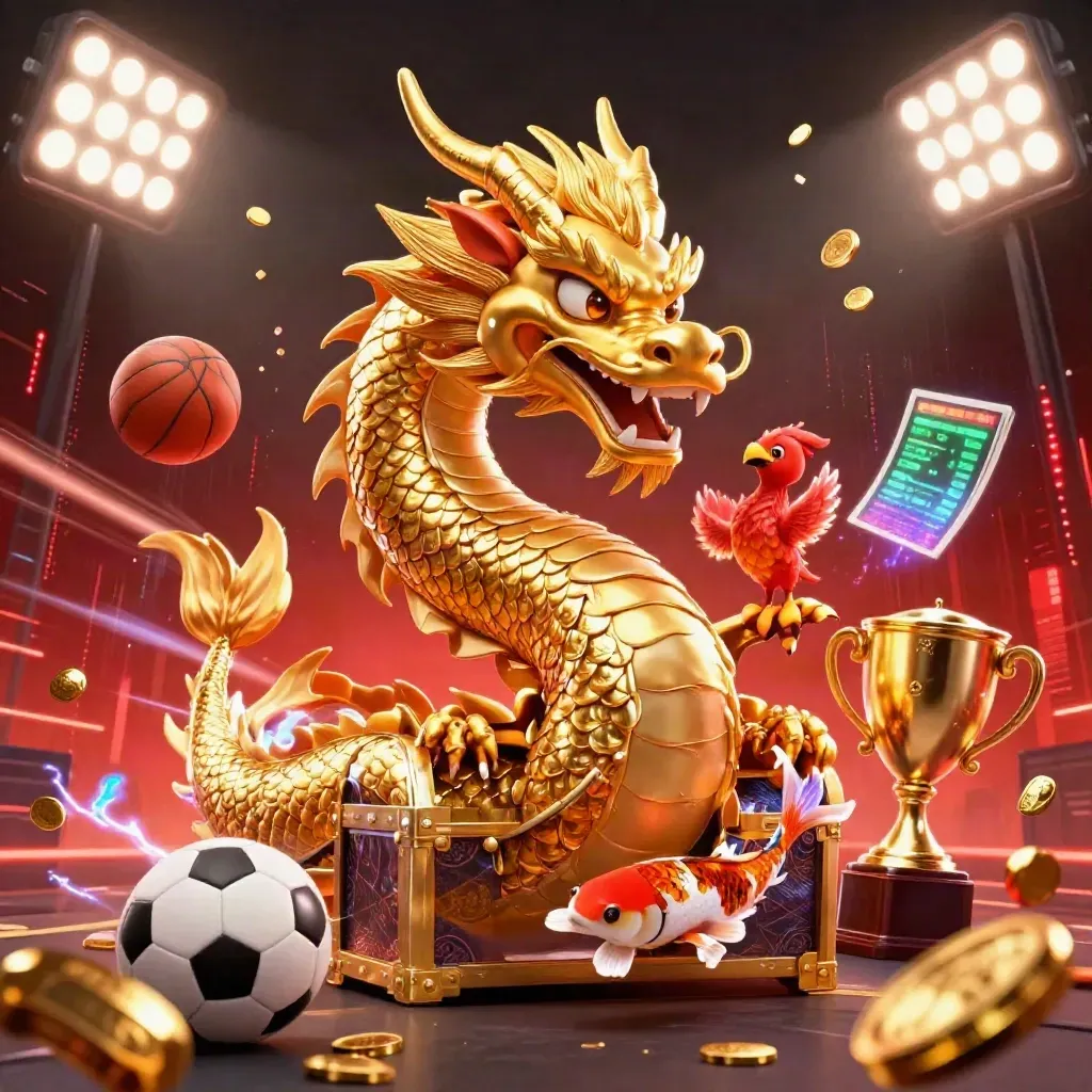 Naga emas, phoenix, koi, bola olahraga, koin emas, dan lampu stadion neon di latar gelap.