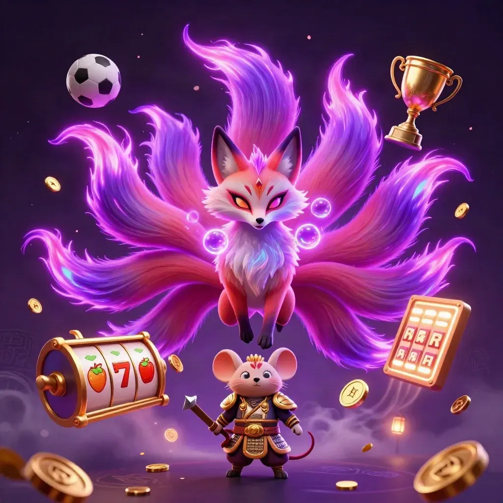 Naga rubah sembilan ekor dengan tikus samurai emas, bola, koin, dan efek neon ungu.