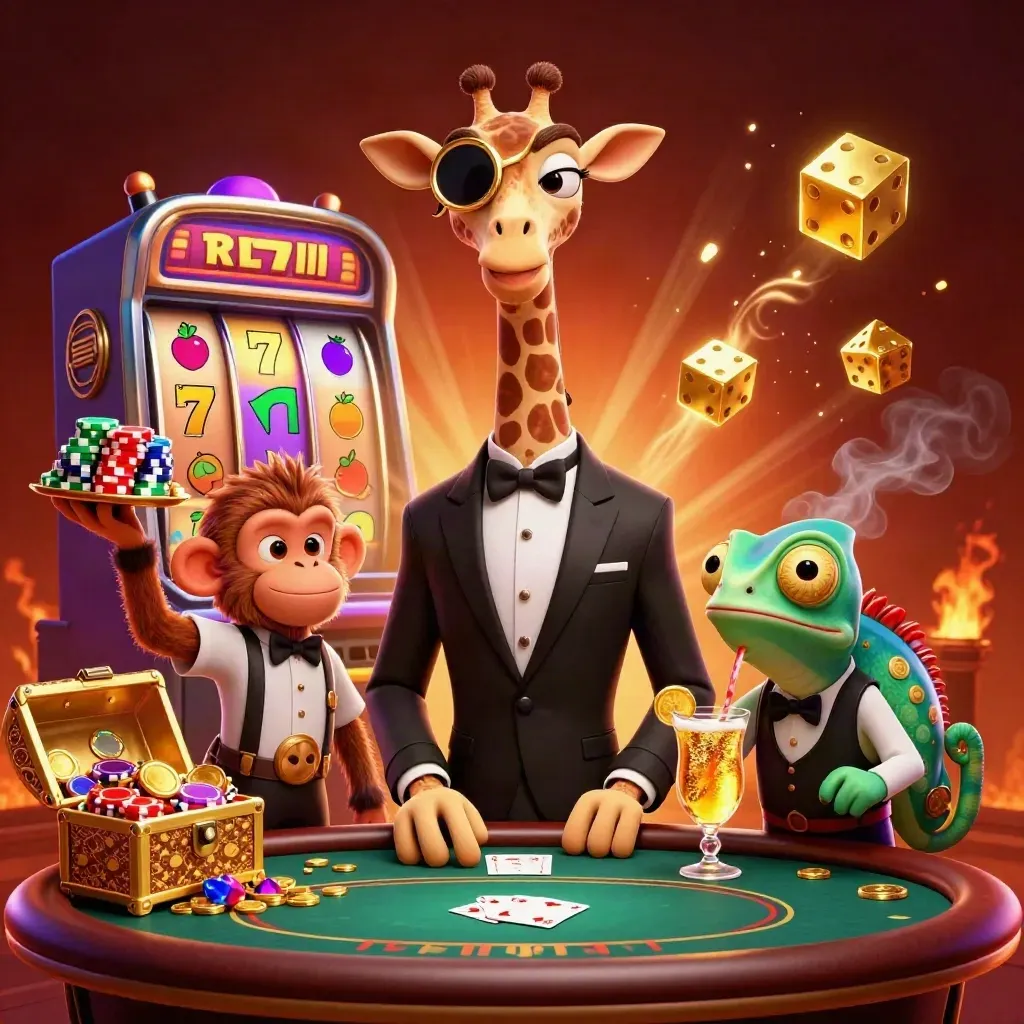 Jerapah glamor, monyet valet, dan bunglon bartender di meja poker dikelilingi mesin slot emas neon.