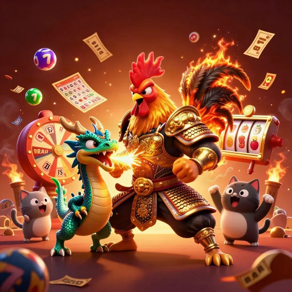 Ayam samurai, naga kecil, dan kucing hoki dikelilingi simbol slot dan emas neon.