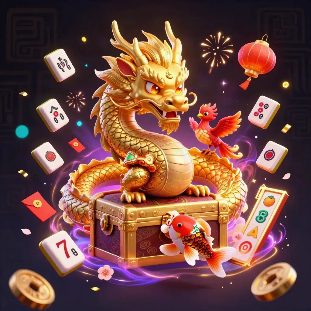Naga emas 3D, phoenix merah, koi, peti harta, dan efek kasino neon di latar gelap.