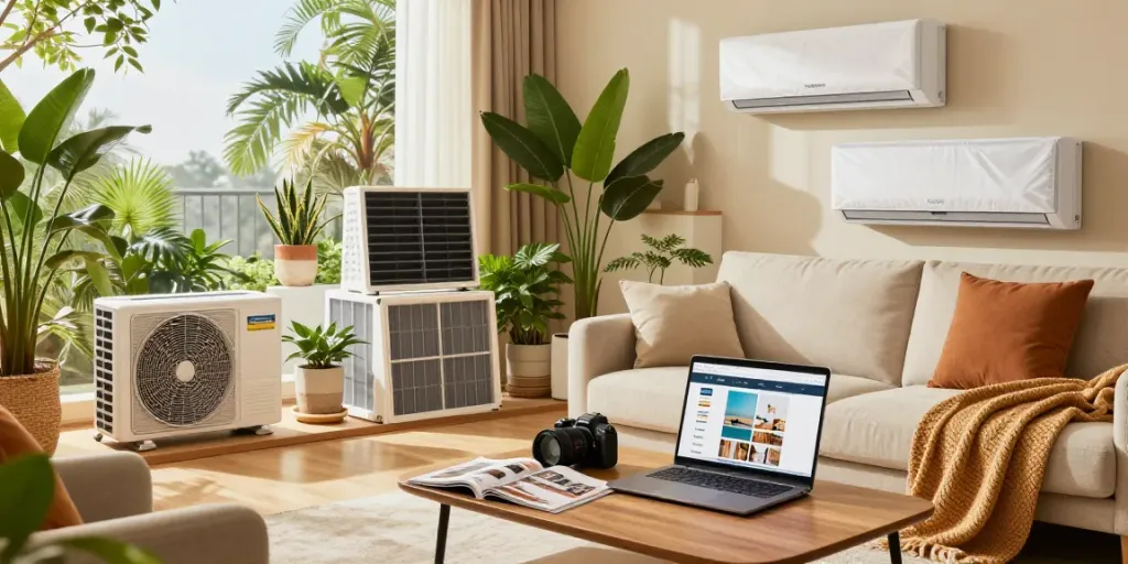 dewitogel ruang tamu modern dengan dekorasi menarik untuk AC dan tanaman indoor